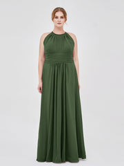 Halter Chiffon Maxi Dress of Bridesmaid Olive Green