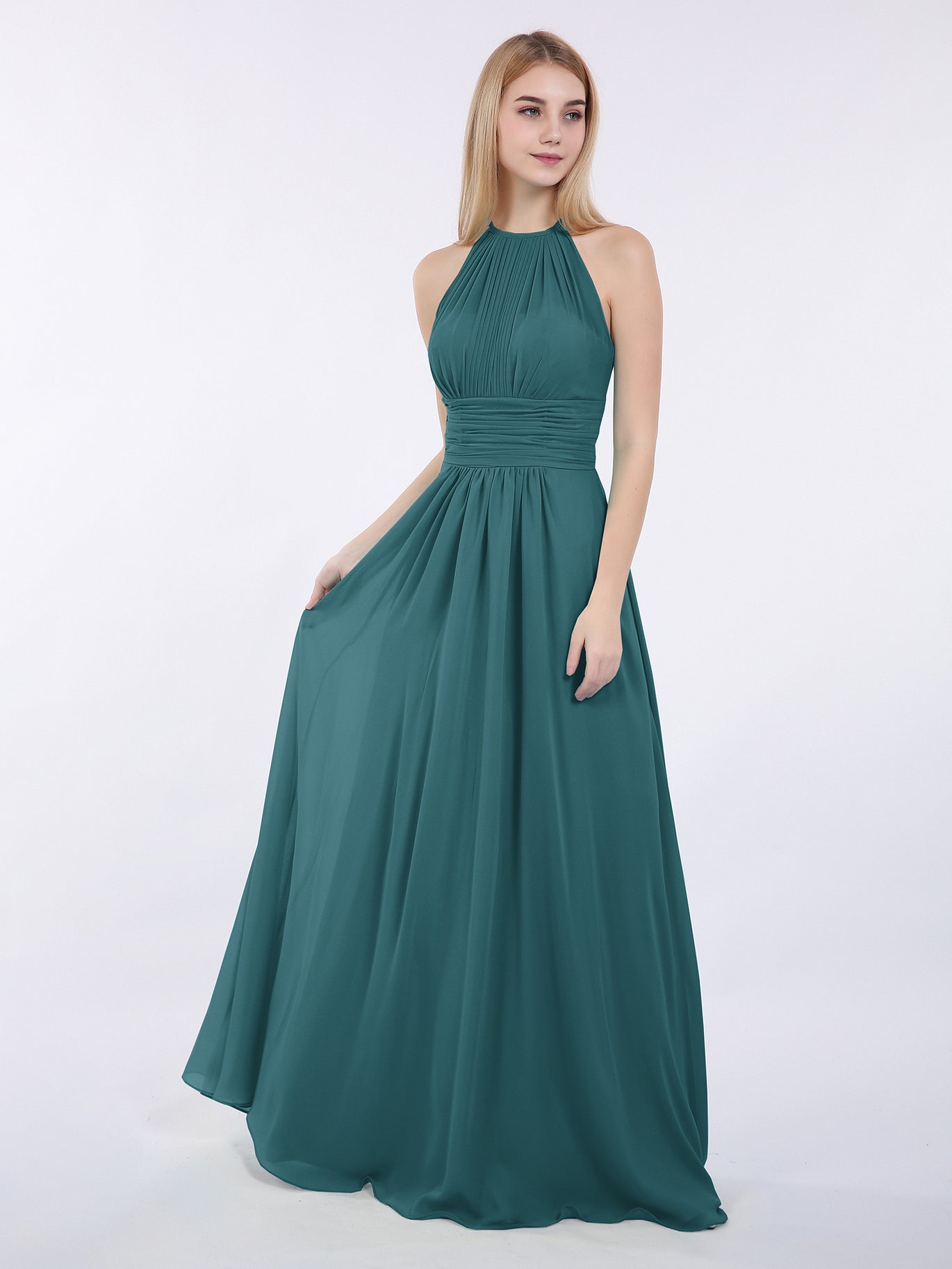 BABARONI Halter Chiffon Maxi Dress of Bridesmaid Peacock, Peacock / US0