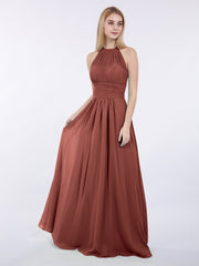 Halter Chiffon Maxi Dress of Bridesmaid Terracotta
