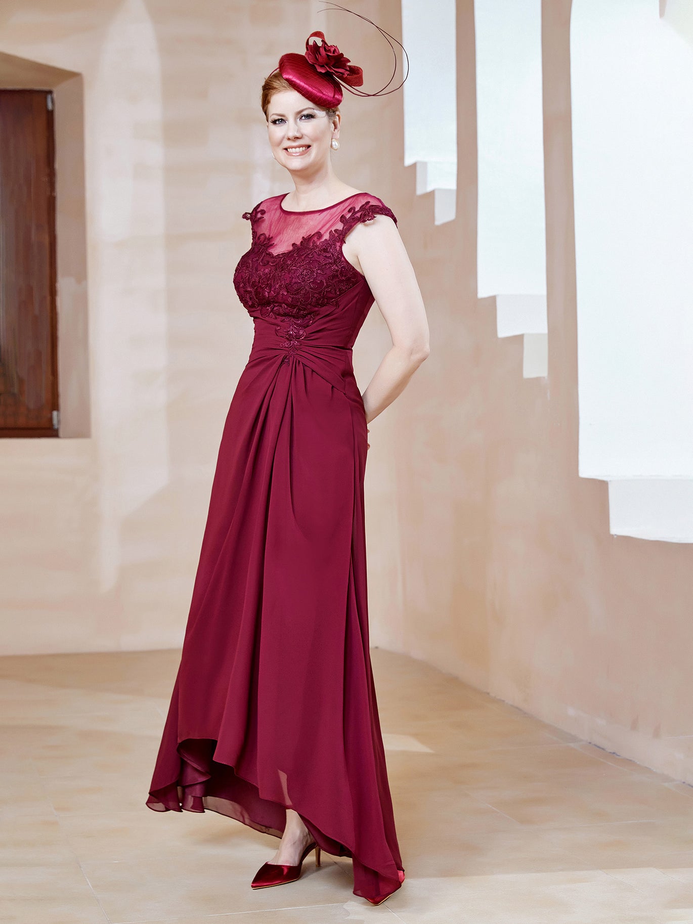 BABARONI Elegant Illusion Neck Mother of the Groom Dress, Asymmetrical Chiffon A-Line Maxi