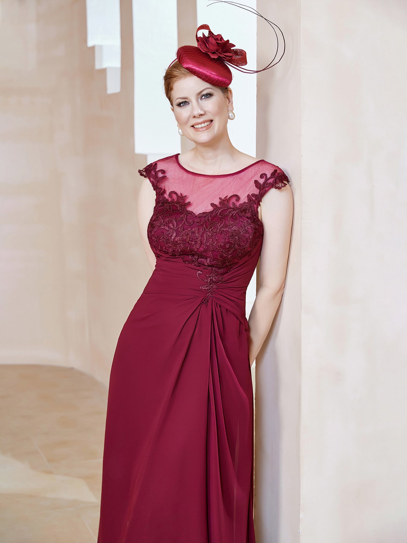 BABARONI Chiffon Burgundy Mother of the Bride Dresses A-line Illusion Cap  Sleeve Lace Applique Asymmetrical