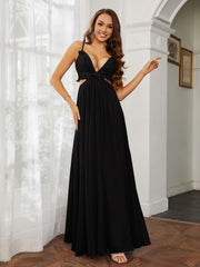 Spaghetti Strap Ruffled Chiffon Cutout Maxi Sexy Dress Black