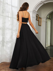 Spaghetti Strap Ruffled Chiffon Cutout Maxi Sexy Dress Black