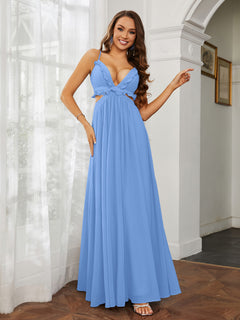 Spaghetti Strap Ruffled Chiffon Cutout Maxi Sexy Dress Blue