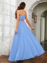 Spaghetti Strap Ruffled Chiffon Cutout Maxi Sexy Dress Blue