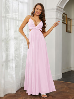 Spaghetti Strap Ruffled Chiffon Cutout Maxi Sexy Dress Blushing Pink