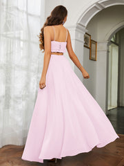 Spaghetti Strap Ruffled Chiffon Cutout Maxi Sexy Dress Blushing Pink