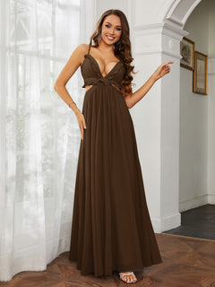 Spaghetti Strap Ruffled Chiffon Cutout Maxi Sexy Dress Brown