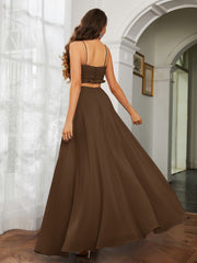 Spaghetti Strap Ruffled Chiffon Cutout Maxi Sexy Dress Brown