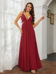 Spaghetti Strap Ruffled Chiffon Cutout Maxi Sexy Dress Burgundy
