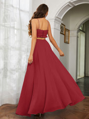 Spaghetti Strap Ruffled Chiffon Cutout Maxi Sexy Dress Burgundy