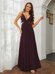 Spaghetti Strap Ruffled Chiffon Cutout Maxi Sexy Dress Cabernet