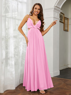 Spaghetti Strap Ruffled Chiffon Cutout Maxi Sexy Dress Candy Pink