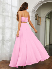 Spaghetti Strap Ruffled Chiffon Cutout Maxi Sexy Dress Candy Pink
