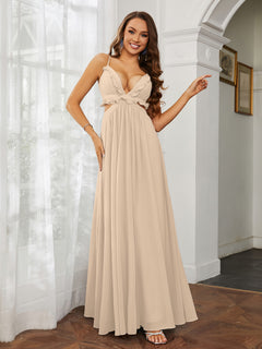 Spaghetti Strap Ruffled Chiffon Cutout Maxi Sexy Dress Champagne