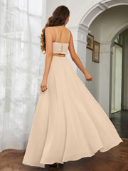 Spaghetti Strap Ruffled Chiffon Cutout Maxi Sexy Dress Champagne