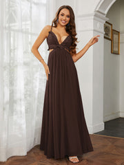 Spaghetti Strap Ruffled Chiffon Cutout Maxi Sexy Dress Chocolate