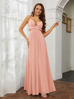 Spaghetti Strap Ruffled Chiffon Cutout Maxi Sexy Dress Coral