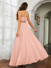 Spaghetti Strap Ruffled Chiffon Cutout Maxi Sexy Dress Coral