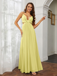 Spaghetti Strap Ruffled Chiffon Cutout Maxi Sexy Dress Daffodil