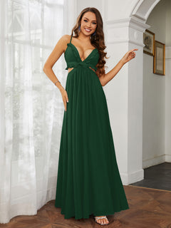 Spaghetti Strap Ruffled Chiffon Cutout Maxi Sexy Dress Dark Green