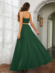 Spaghetti Strap Ruffled Chiffon Cutout Maxi Sexy Dress Dark Green