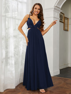 Spaghetti Strap Ruffled Chiffon Cutout Maxi Sexy Dress Dark Navy