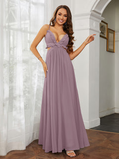 Spaghetti Strap Ruffled Chiffon Cutout Maxi Sexy Dress Dusk