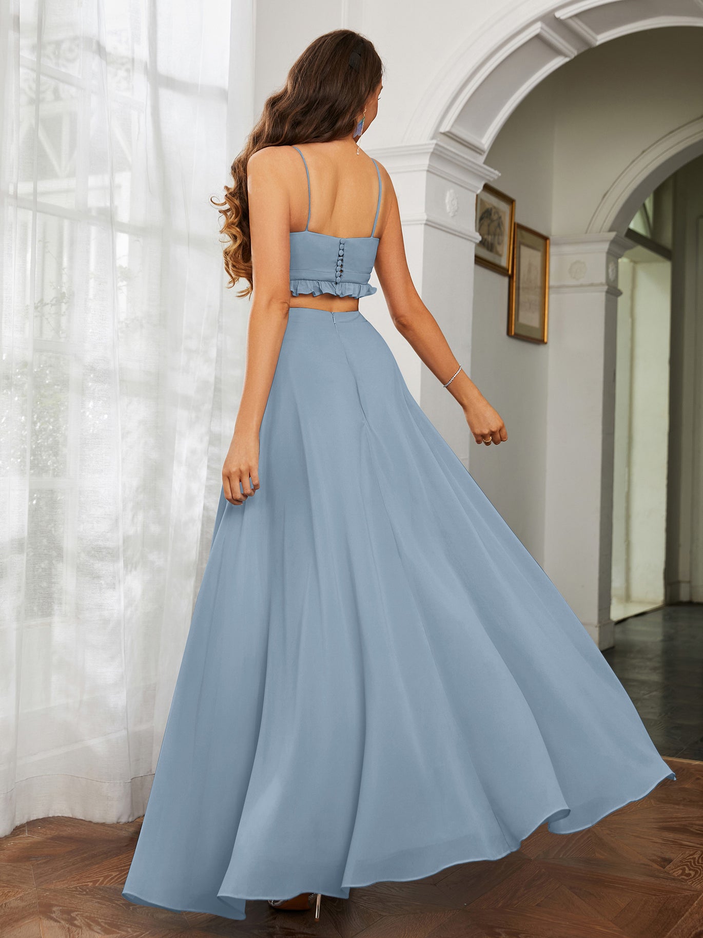 dusty blue indian dress BABARONI Chiffon Dusty Blue Bridesmaid Dresses Plunging V-Neck Floor-length  Spaghetti Straps A-line