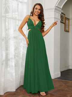 Spaghetti Strap Ruffled Chiffon Cutout Maxi Sexy Dress Emerald