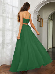 Spaghetti Strap Ruffled Chiffon Cutout Maxi Sexy Dress Emerald