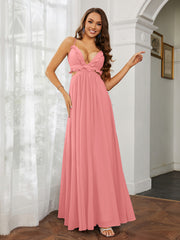 Spaghetti Strap Ruffled Chiffon Cutout Maxi Sexy Dress Flamingo