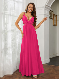 Spaghetti Strap Ruffled Chiffon Cutout Maxi Sexy Dress Fuchsia