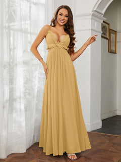 Spaghetti Strap Ruffled Chiffon Cutout Maxi Sexy Dress Gold