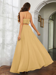 Spaghetti Strap Ruffled Chiffon Cutout Maxi Sexy Dress Gold