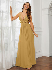 Spaghetti Strap Ruffled Chiffon Cutout Maxi Sexy Dress Gold