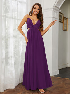 Spaghetti Strap Ruffled Chiffon Cutout Maxi Sexy Dress Grape