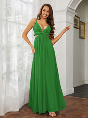 Spaghetti Strap Ruffled Chiffon Cutout Maxi Sexy Dress Green