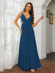 Spaghetti Strap Ruffled Chiffon Cutout Maxi Sexy Dress Ink Blue