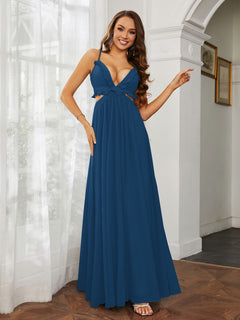 Spaghetti Strap Ruffled Chiffon Cutout Maxi Sexy Dress Ink Blue