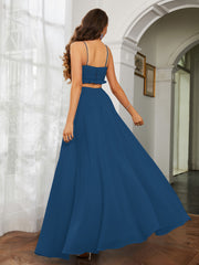 Spaghetti Strap Ruffled Chiffon Cutout Maxi Sexy Dress Ink Blue