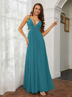 Spaghetti Strap Ruffled Chiffon Cutout Maxi Sexy Dress Jade