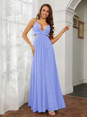 Spaghetti Strap Ruffled Chiffon Cutout Maxi Sexy Dress Lavender