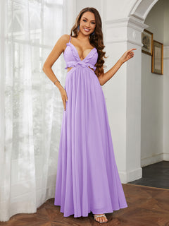 Spaghetti Strap Ruffled Chiffon Cutout Maxi Sexy Dress Lilac