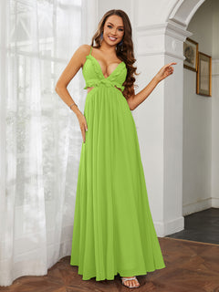 Spaghetti Strap Ruffled Chiffon Cutout Maxi Sexy Dress Lime Green