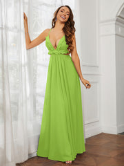 Spaghetti Strap Ruffled Chiffon Cutout Maxi Sexy Dress Lime Green