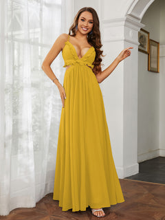 Spaghetti Strap Ruffled Chiffon Cutout Maxi Sexy Dress Marigold