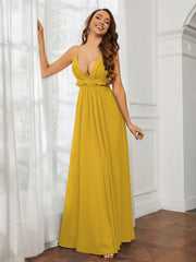 Spaghetti Strap Ruffled Chiffon Cutout Maxi Sexy Dress Marigold