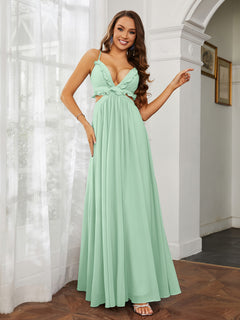 Spaghetti Strap Ruffled Chiffon Cutout Maxi Sexy Dress Mint Green