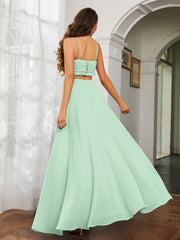 Spaghetti Strap Ruffled Chiffon Cutout Maxi Sexy Dress Mint Green
